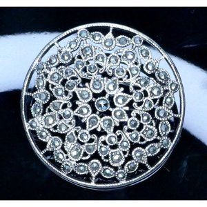 Vintage Sterling Silver & Marcastite Round Brooch Marked 925